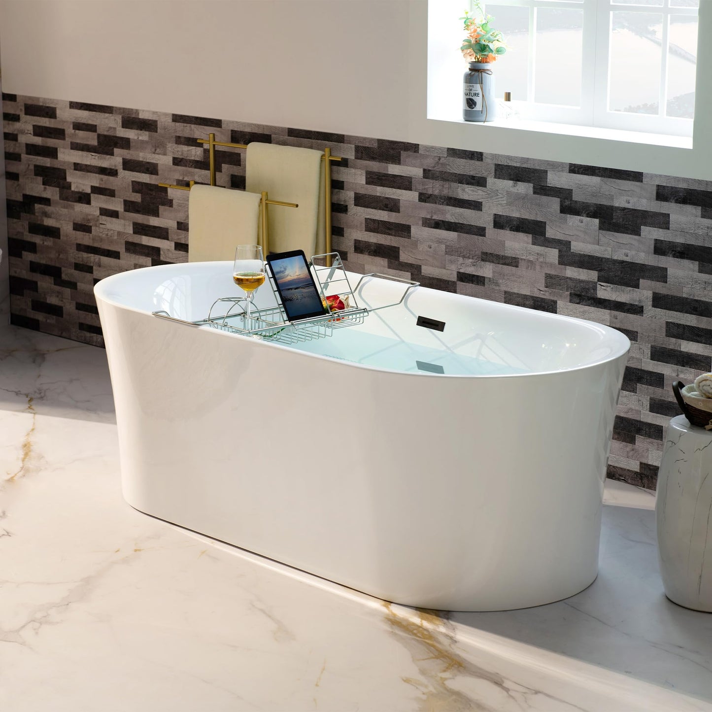 WOODBRIDGE 59" Acrylic Freestanding Bathtub Contemporary Soaking Tub with Matte Black Overflow and Drain,White Tub,B0058-MB