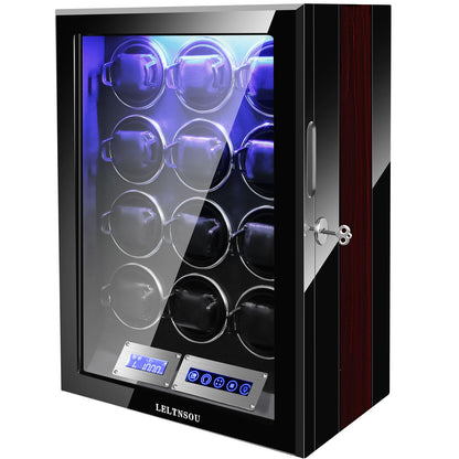 LELTNSOU Watch Winder for 12 Winding Spaces Automatic Watches, Ultra-Quiet Japanese Motors, Built-in LED Illumination and LCD Touchscreen Control