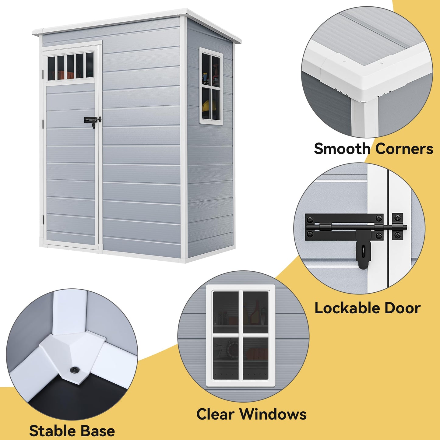 DWVO 5x3FT Outdoor Storage Shed with Fence-Style and Side Windows, Floor & Lockable Doors, Plastic Storage Shed for Backyard and Garden, Gray