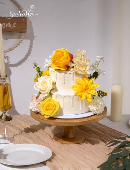 SWNAWE Yellow Flowers Artificial Roses Combo Set Fake Pink Silk Flowers Faux Peony Flowers Mix Dahlia with Stems for Wedding Bouquets Baby Bridal Shower Party Floral Arrangements Decor
