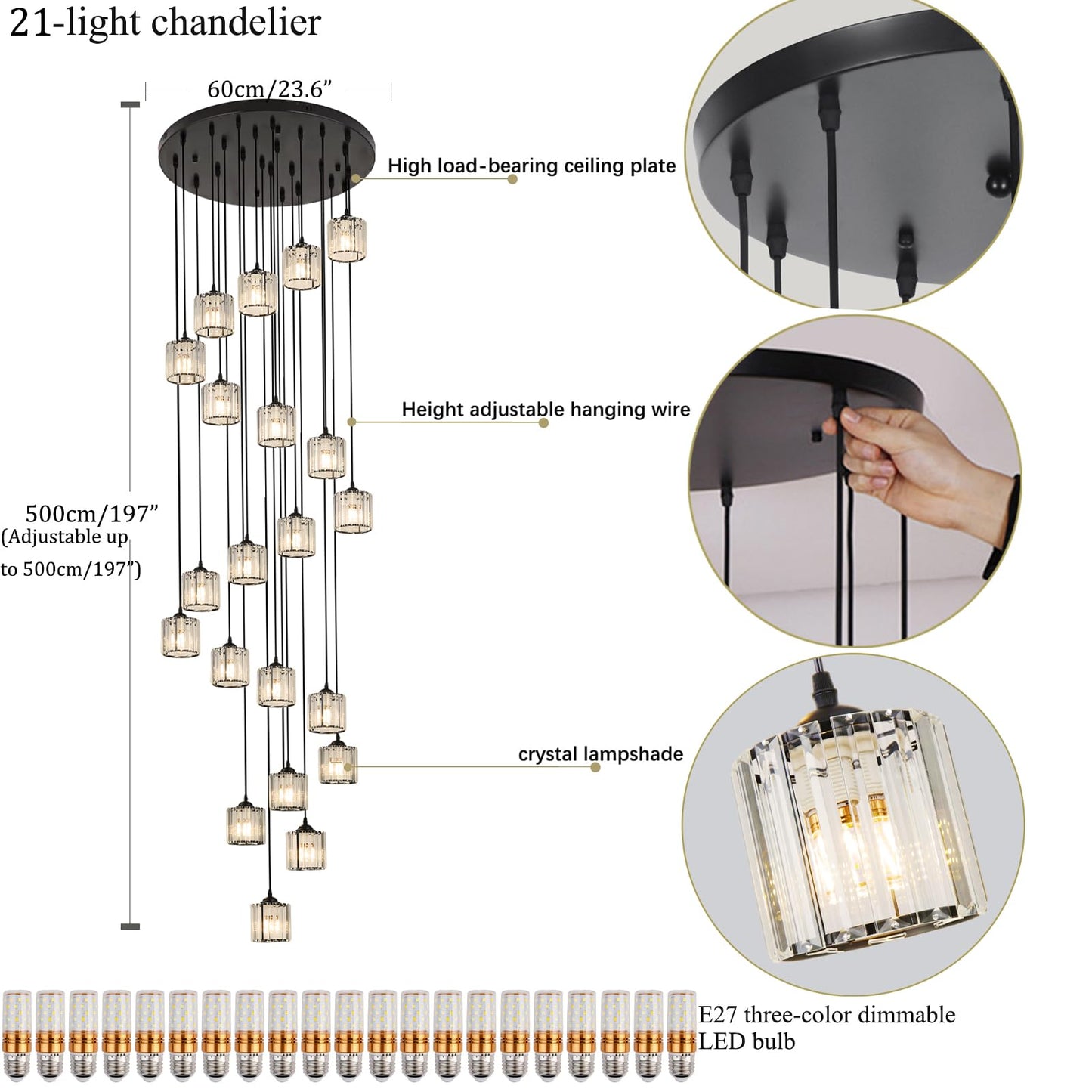 Meimond Long Chandeliers for High Ceilings,Modern Crystal Pendant Light,Raindrop Drop Lamp,Hanging Flush Mount Lighting Fixtures for Spiral Staircase,Foyer,Entryway,Living Room,Black (21 Lights)