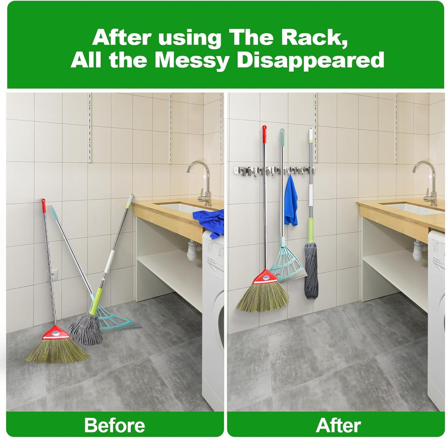 Voze Mop and Broom Holder - 3 Racks & 4 Hooks | Heavy-Duty Wall Mount Organizer for Home & Garage