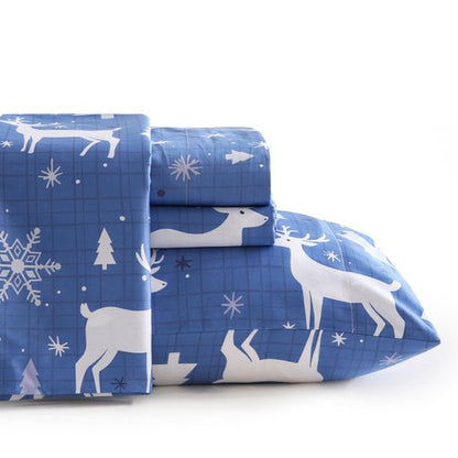 JSD 100% Cotton Sheet Set Queen Size 300 Thread Count, Blue Buffalo Plaid Deer Snowflakes Sateen Bed Sheets Deep Pocket