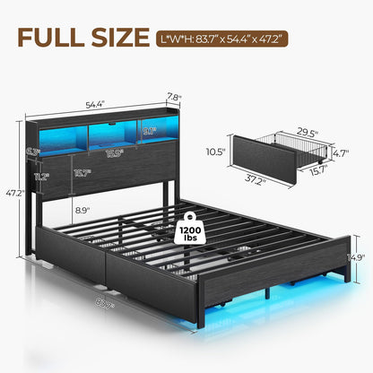 Rolanstar Full Bed Frame with Storage,4-Drawer Platform Bed with USB Charging Station,Built in LED Lights and Bookcase Headboard,No Box Spring Needed,Easy Assembly,Noise-Free,Black