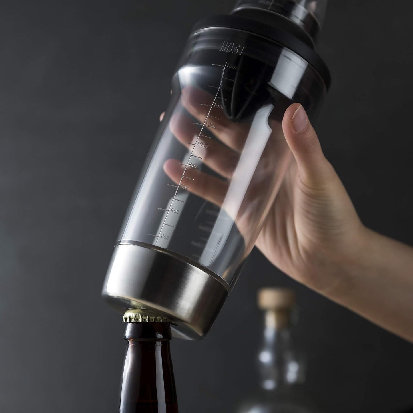 Host All in One Cocktail Shaker Set with Measurements, Reamer, Bottle Opener, Strainer, Jigger, 18 oz