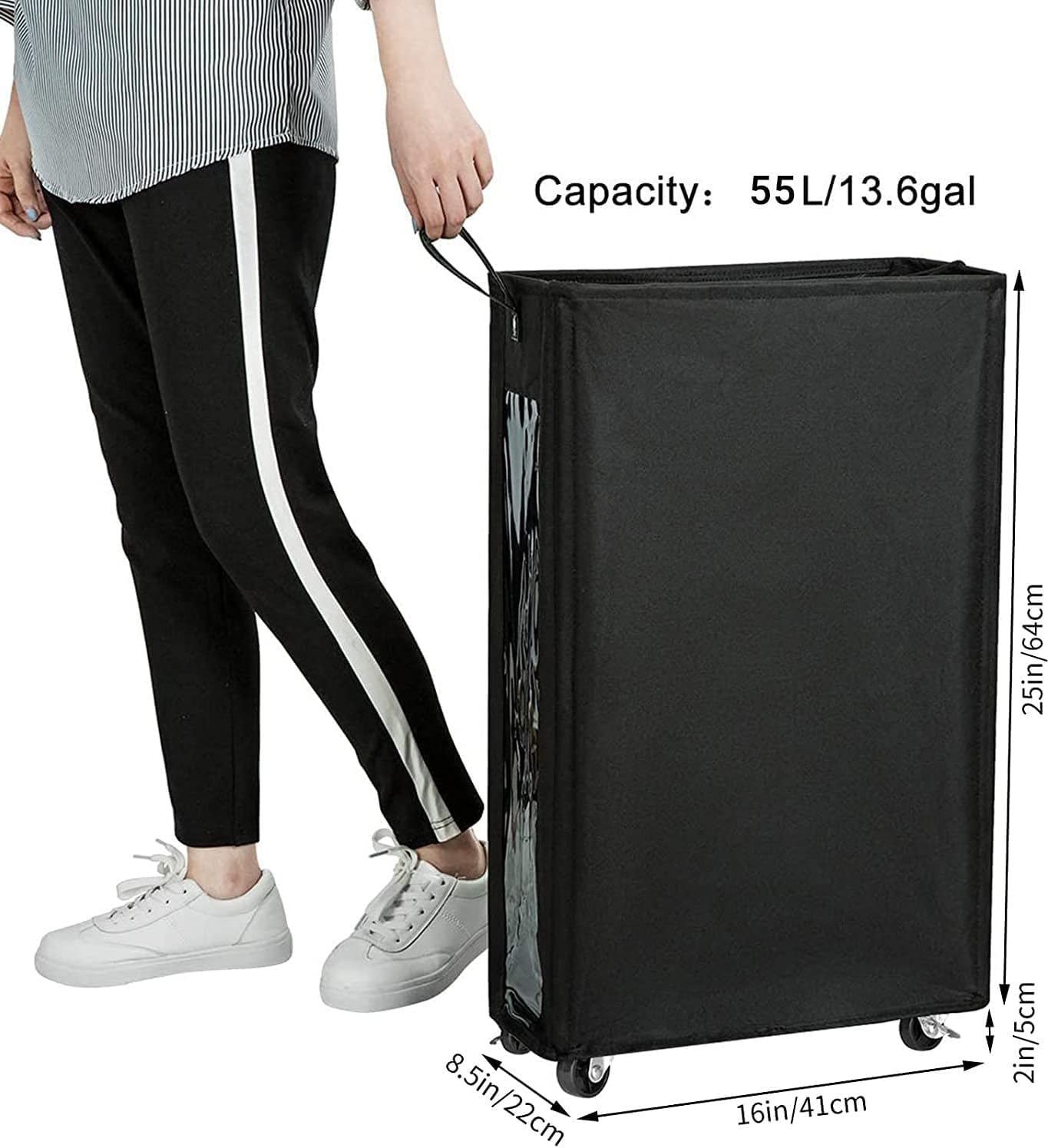ZERO JET LAG 25 Inches Slim Laundry Storage Hamper, Large Rolling Bin, Clear Window, Black