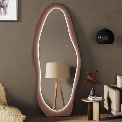 osemy 67"x 26" LED Wood Full Length Mirror with Lights Irregular Wavy Full Body Mirror Shatter-Proof Hanging/Leaning Wall Mounted Walnut Wooden Framed for Dressing Bedroom Living Room