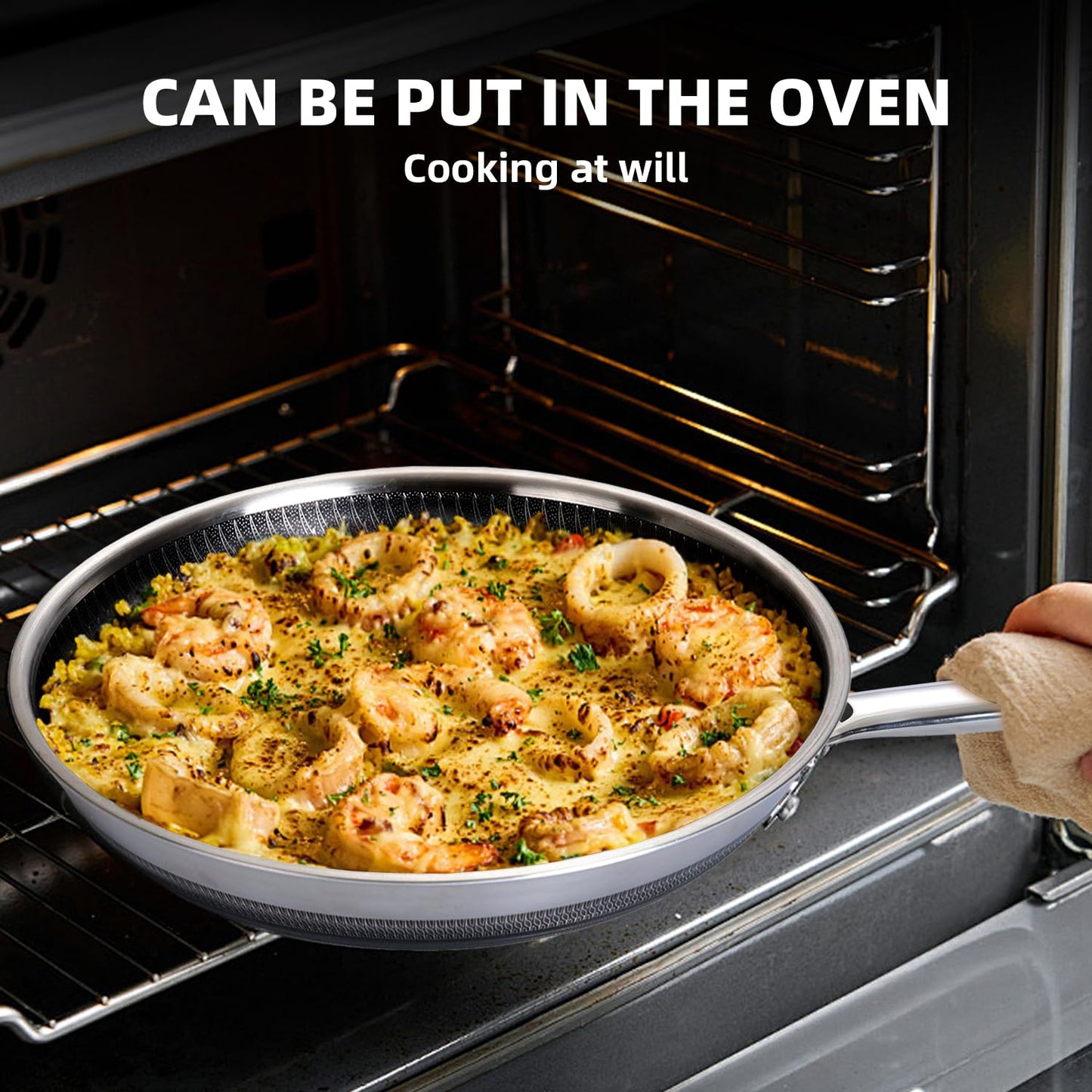 MAGICFEFE Non Stick Frying Pan 12 Inch with Lid, Hybrid Nonstick Stainless Steel Skillet Pan with Stay-cooling Handle, PFOA Free Non Toxic Dishwash & Oven Safe, Induction Ready, All Cooktops