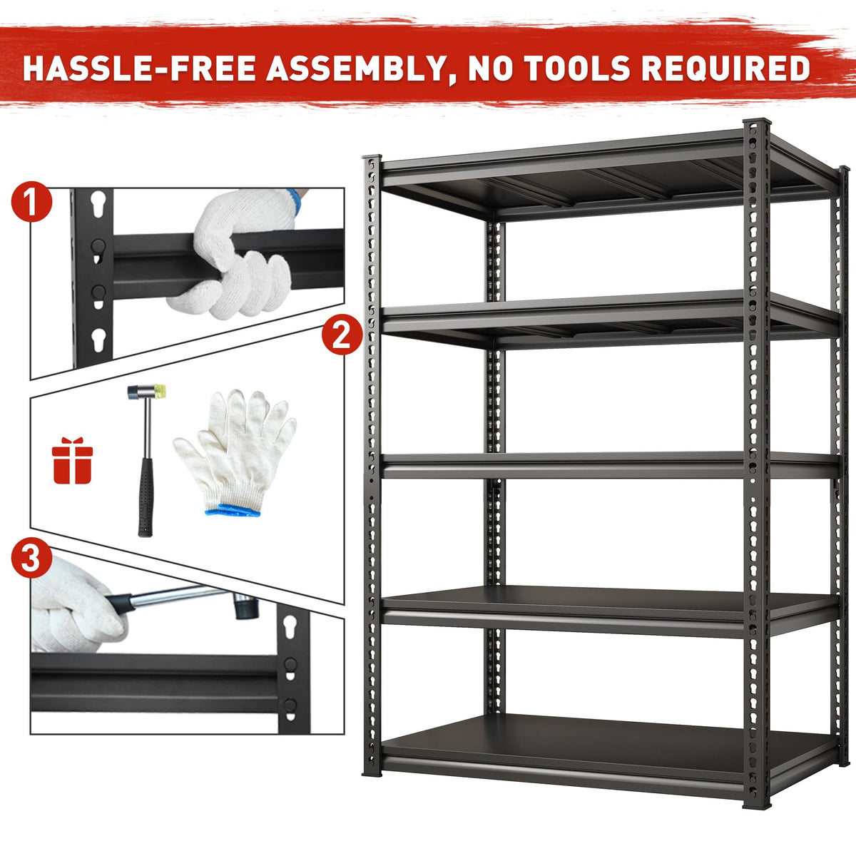 REIBII 72" H Garage Shelving Load 2500 LBS, Heavy Duty Storage Shelves, 5-Tier Adjustable Garage Shelves for Warehouse, Basement, 72" H x36 W x18 D, Black, 3 Pack