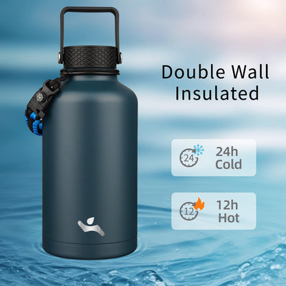 Konokyo Half Gallon Insulated Water Bottle with Straw,64 oz 3 Lids Water Jug with Carrying Bag,Paracord Handle,Double Wall Vacuum Stainless Steel Metal Flask,Navy Blue