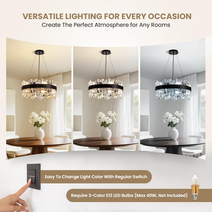 CROSSIO Modern Crystal Chandelier for Dining Room, 12-Light Luxury Black 2 Tiers Crystal Raindrop Chandelier, Contemporary Hanging Light Fixture for Living Room Entryway Foyer D19.7''