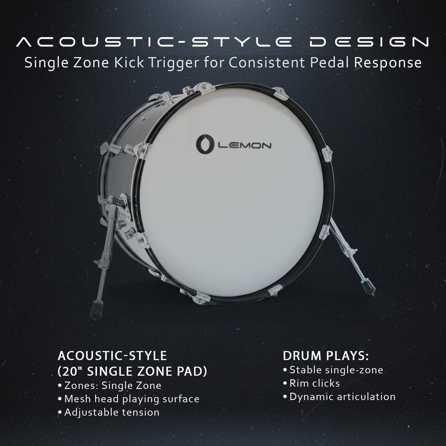 Lemon T950 Electronic Kick Drum - 20"x12" Single-Zone Mesh Bass Drum Trigger Pad, Acoustic-Style Wood Shell, Adjustable Tension, Works with Most Electronic Drum Modules, Quiet Practice, Full Size