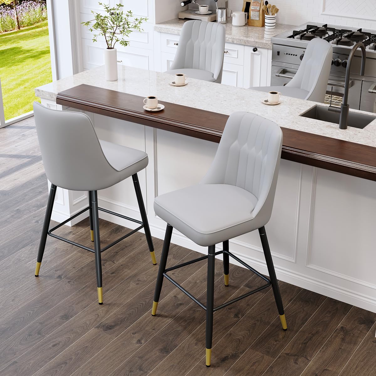 Rejeke 180° Swivel Bar Stools Set of 4, 27" Counter Height Bar Stools with Back, Swivel Light Grey Faux Leather Bar Stools for Kitchen Island, Counter Height Chairs with Metal Legs & Footrest