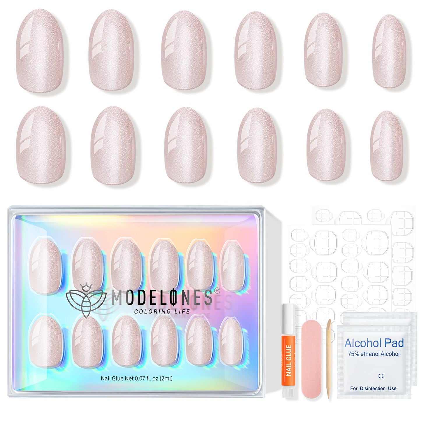 modelones Pink Short Press on Nails, Fall Halloween Oval Fake Nails Kit Press Ons with Nail Glue, Adhesive Tabs, Nail File, Prep Pad, Manicure Stick, 32Pcs 16 Sizes