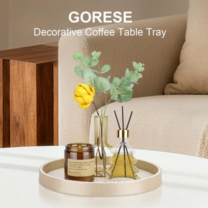 12" GORESE Gold Decorative Coffee Table Tray, PU Leather Round Trays for Home Decor, Table Centerpiece for Living Room