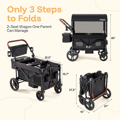 Harppa Remy Foldable Wagon Stroller for 2 Kids with Mosquito Net UPF 50+ Canopy, 110 lbs Capacity, 5-Point Harness, All-Terrain Wheels, Adjustable Handle for Park Zoo Camping Twins and Siblings Black