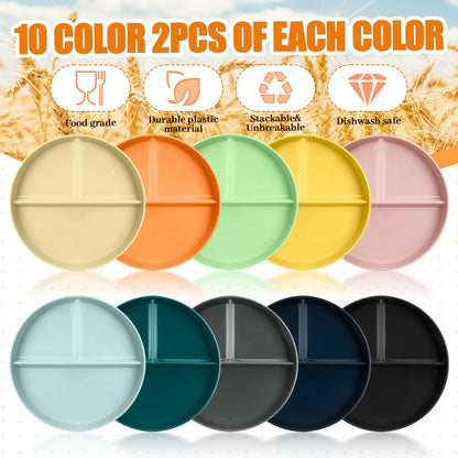 Acellegic 20 Pcs Plastic Divided Plates with 3 Compartments for Adult 9 Inch Portion Control Plates 10 Colors Reusable Unbreakable Dinnerware Lightweight Food Separator (Round)