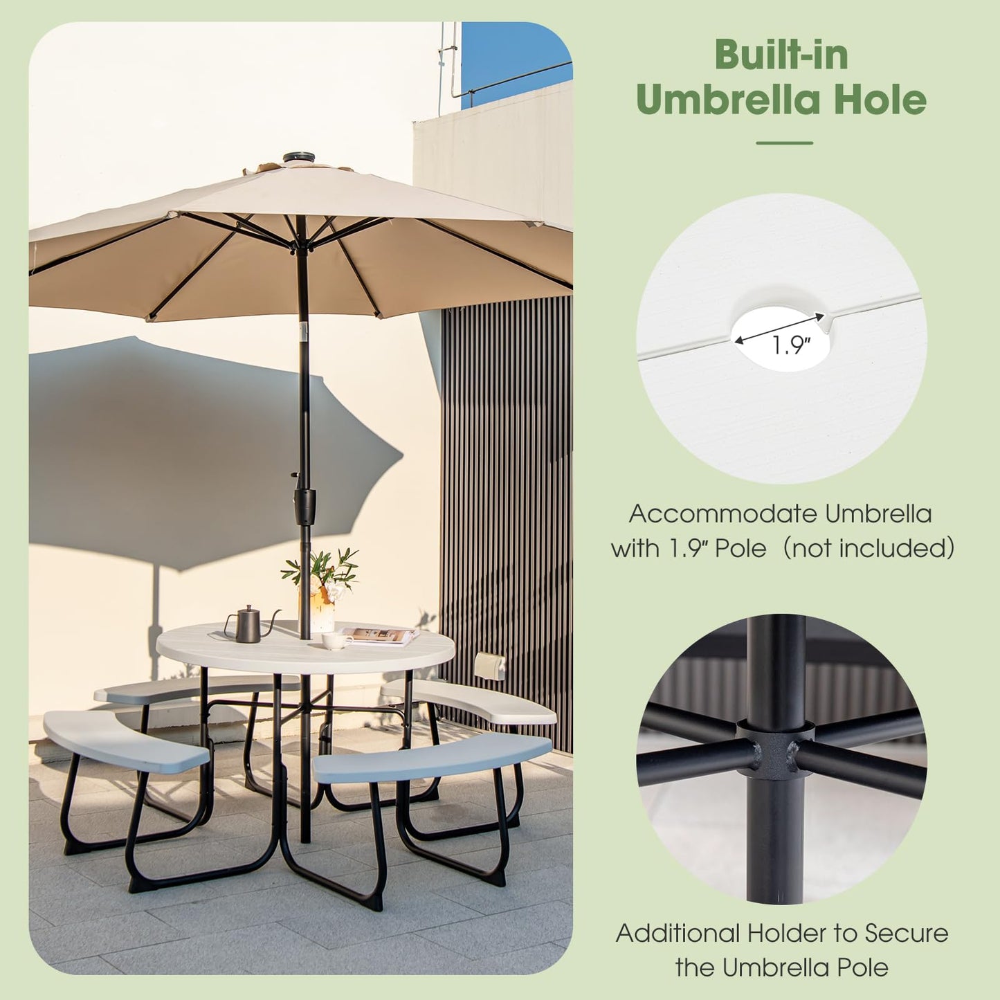 Giantex Picnic Table Set for Up to 8 Persons, Round Outdoor Table and Bench Set with Umbrella Hole, HDPE Top & Metal Frame, 2000LBS Capacity, Patio Table Bench for Deck Backyard Garden (White)