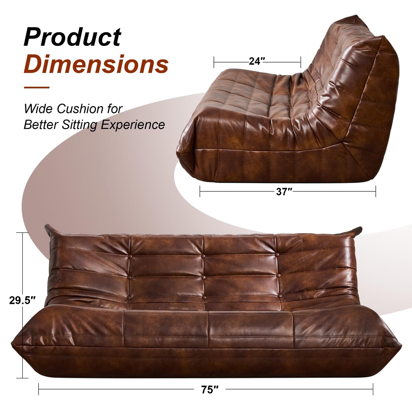 Hobestluk Bean Bag Chair Giant Bean Bag Sofa 3 Seater Bean Bag Chairs for Adults, Loveseat Floor Chair, Leather Bean Bag Chairs for Living Room Bedroom Office (Brown, 3-Seater)