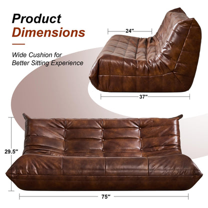 Hobestluk Bean Bag Chair Giant Bean Bag Sofa 3 Seater Bean Bag Chairs for Adults, Loveseat Floor Chair, Leather Bean Bag Chairs for Living Room Bedroom Office (Brown, 3-Seater)