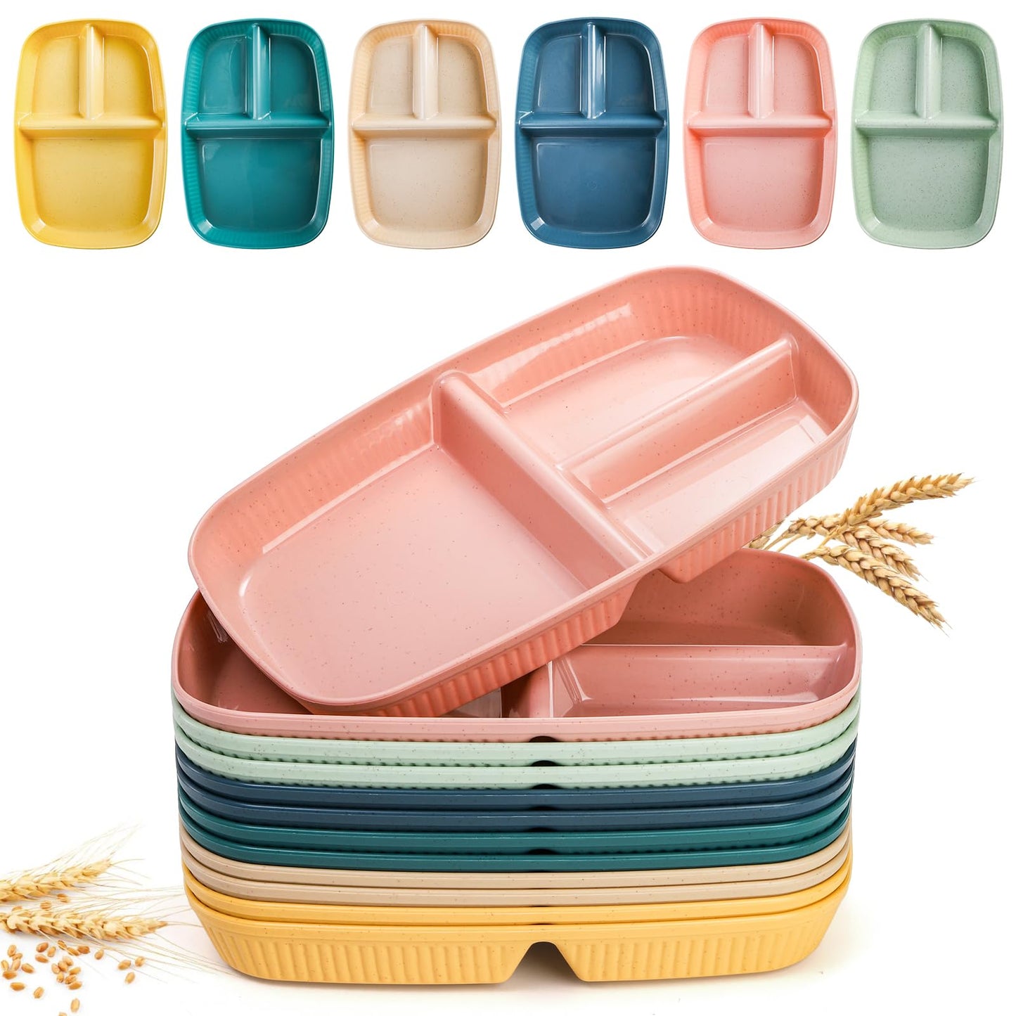 ZAVOOS 12 Pack Divided Plates, 10.5 Inch Reusable Wheat Straw Dinner Plates for Party, 3 Compartment Sectioned Unbreakable Food Tray for Balanced Meal, Portion Control, Microwave Dishwasher Safe