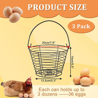 OGANAZI 3 PCS 8" Black Round Wire Egg Baskets With Handle, Small Metal Egg Collecting Basket for Gathering Fresh Eggs, Chicken and Duck Eggs Hunting Basket Egg Holder Countertop