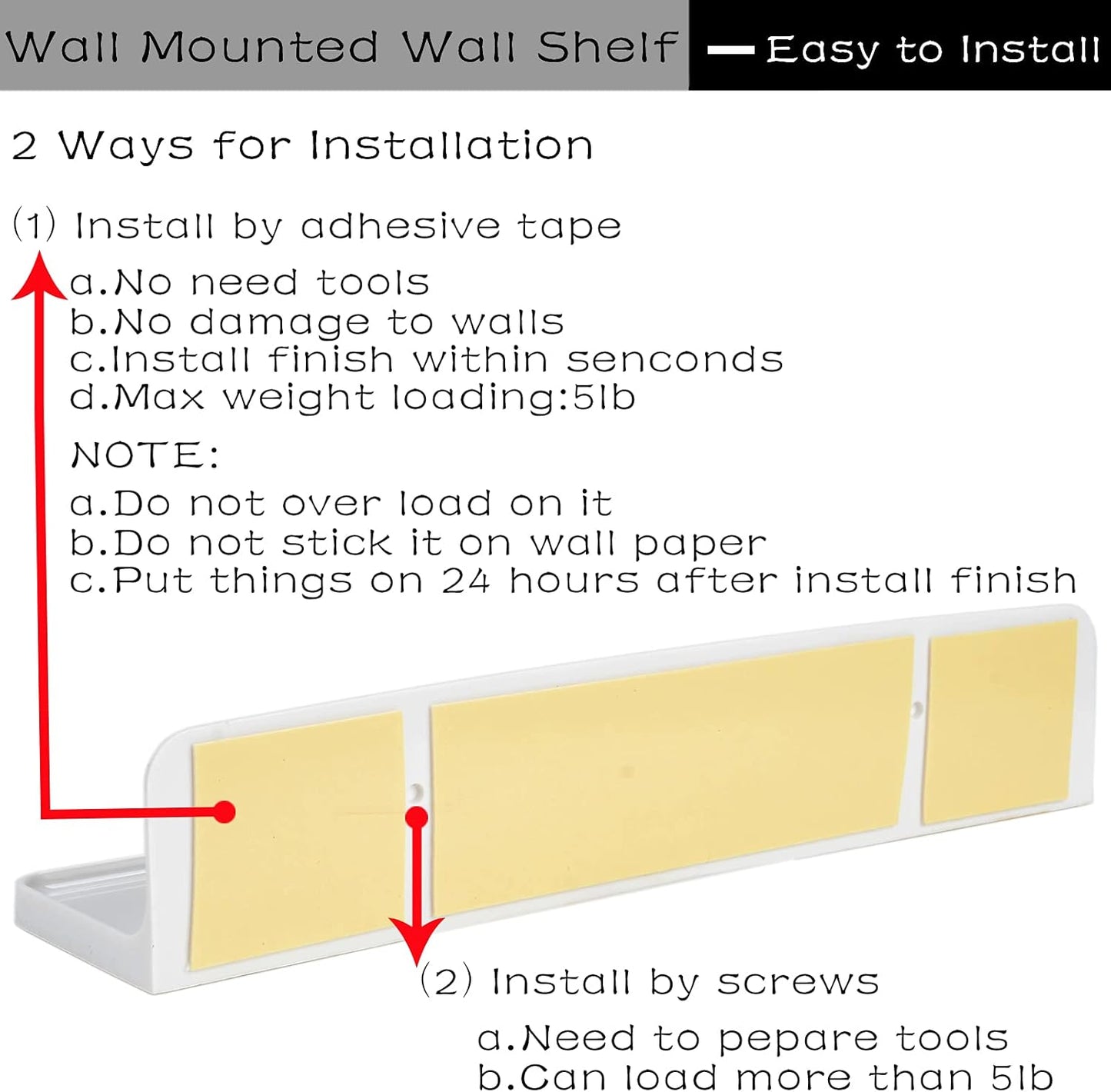 Wall Mounted Small Floating Shelf Stick On Shelves for Bedroom, Kitchen, Bathroom - Display Speakers, Photo Frame,
