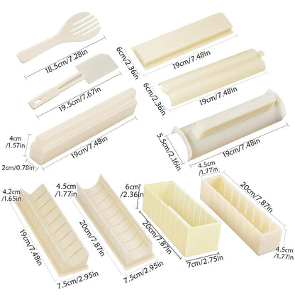 XPAPOV Sushi Making Kit, Sushi Maker 10 Pcs Plastic Sushi Tool Set Sushi Rice Roll Mold Shapes, DIY Sushi Roller Tool for Home (Beige)