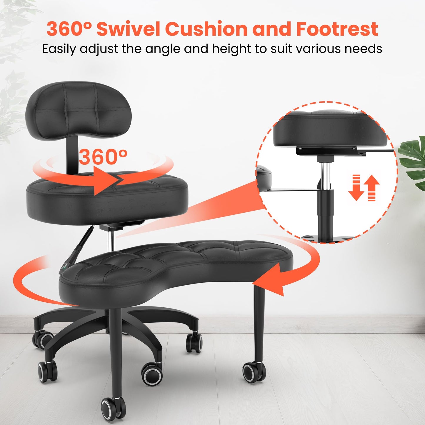 TASALON Cross Legged Office Chair, Criss Cross Chair with Wheels, 360° Swivel Adjustable Height ADHD Chair with Back Support, Ergonomic Kneeling Chair for Meditation, Yoga & Home Office Use, Black