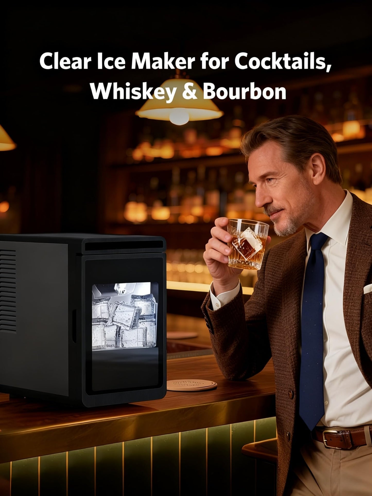 Electactic Clear Ice Cube Makers- Produces 9 Large, 1.6" Clear Ice Cubes per Hour, 24H Timer, Self-Cleaning, 5 Ice Cube Sizes for Cocktails, Whiskey & Bourbon