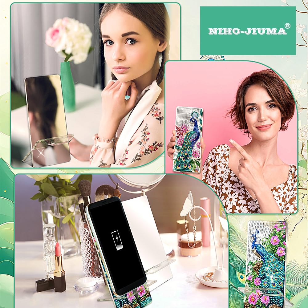 NIHO-JIUMA Diamond Art Phone Stand Kits Peacock, DIY Diamond Painting Acrylic Phone Holder & Mirror, Craft Gift for Adults/Teen