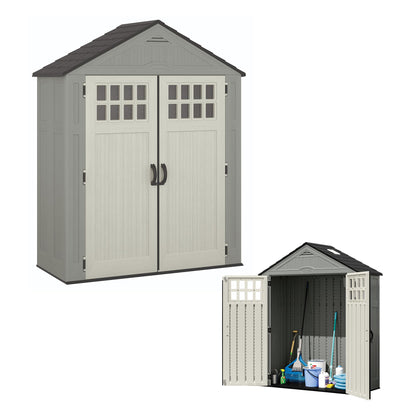 Suncast Everett 6x3 ft Vertical Storage Shed - Resin Outdoor Garden Shed with Floor, Windows, Skylight & Lockable Double Doors. Slim Yard Storage for Utility Tools & Backyard Equipment