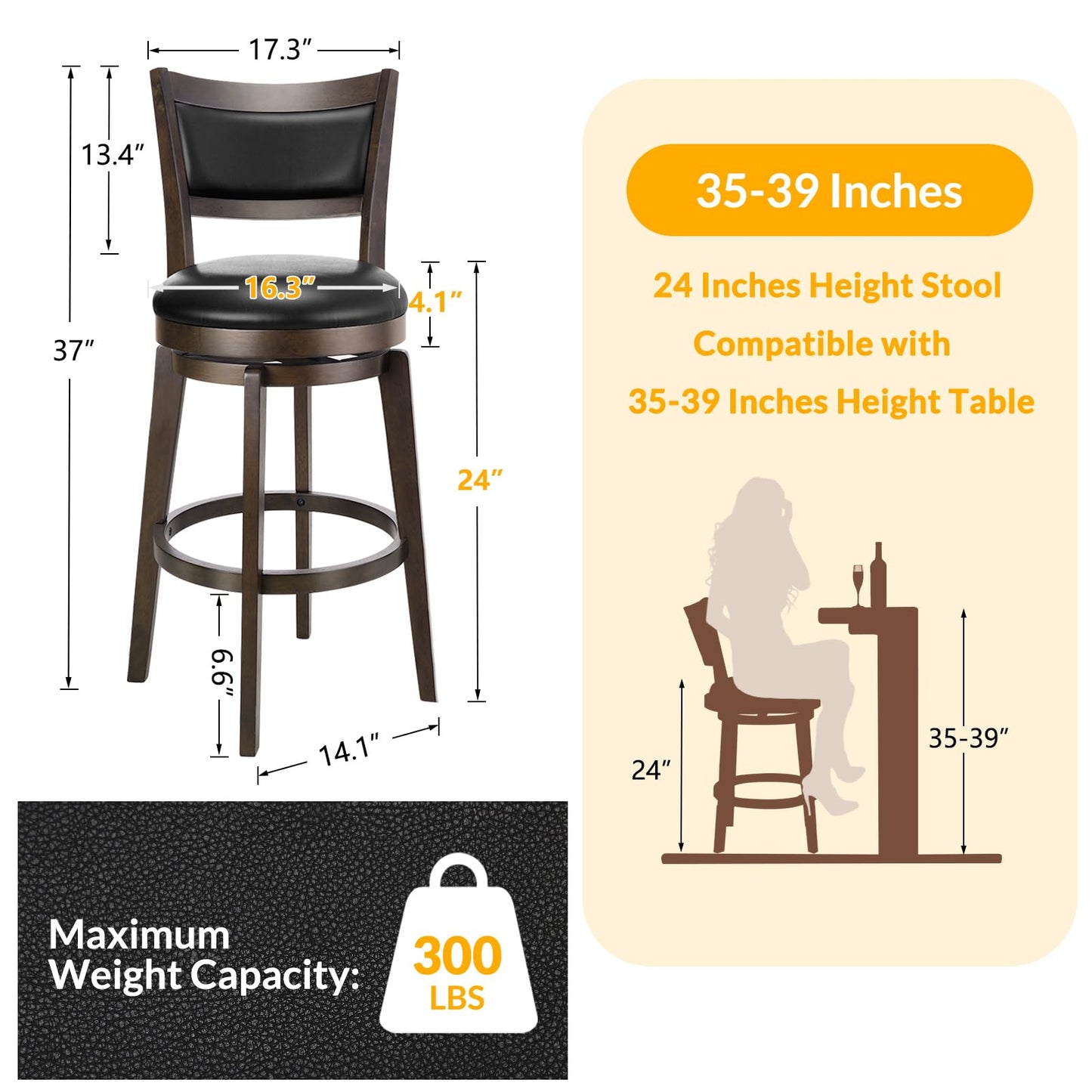 PrimeZone Swivel Bar Stools Set of 4, 24 Inch Counter Height Barstools, Black Faux Leather Bar Stool with High Backrest & Solid Wood Leg & Wrap-Around Footrest, Counter Stools for Kitchen Island, Pub
