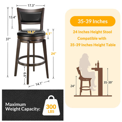 PrimeZone Swivel Bar Stools Set of 2, 24 Inch Counter Height Barstools, Black Faux Leather Bar Stool with High Backrest & Solid Wood Legs & Wrap-around Footrest, Counter Stools for Kitchen Island, Pub