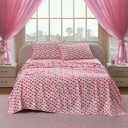 Paris Hilton Queen Size Sheets Set – 4 Piece Bed Sheets with Fitted Sheet, Flat Sheet, 2 Pillow Covers, Fits up to 15" Mattress Deep Pocket Queen Sheet Set for Women, Cherries, Red