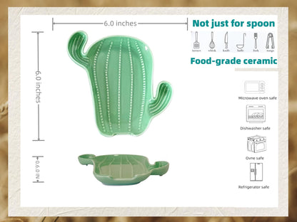 Ceramic Spoon Rest for Stove Top & Kitchen Counter Spoon Holder for Stove & Cooking Spoon Holder for Ladle Cute Coffee Spoon Rest Utensil Rest Spatula Rest, Green Cactus Kitchen Decor & Accessories