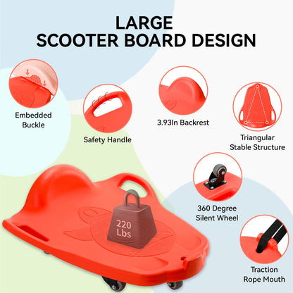 Large Scooter Board for Kids, Plastic Floor Scooter Board with 2 Paddles, 1 Rope, Handles, Buckle, 5 Wheels, Gym Scooters Boards for Indoor Outdoor Sports,Sensory Training (Red)