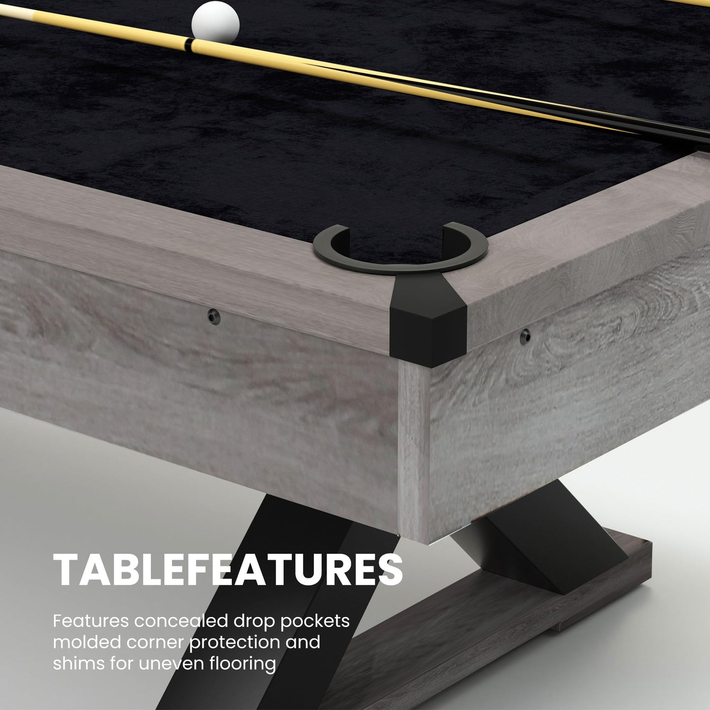 KEIKI 7FT Pool Table with Billiard Balls, Cues, Pool Cue Chalk, Cleaning Brush, X-Legs, Black Cloth, Rustic Grey