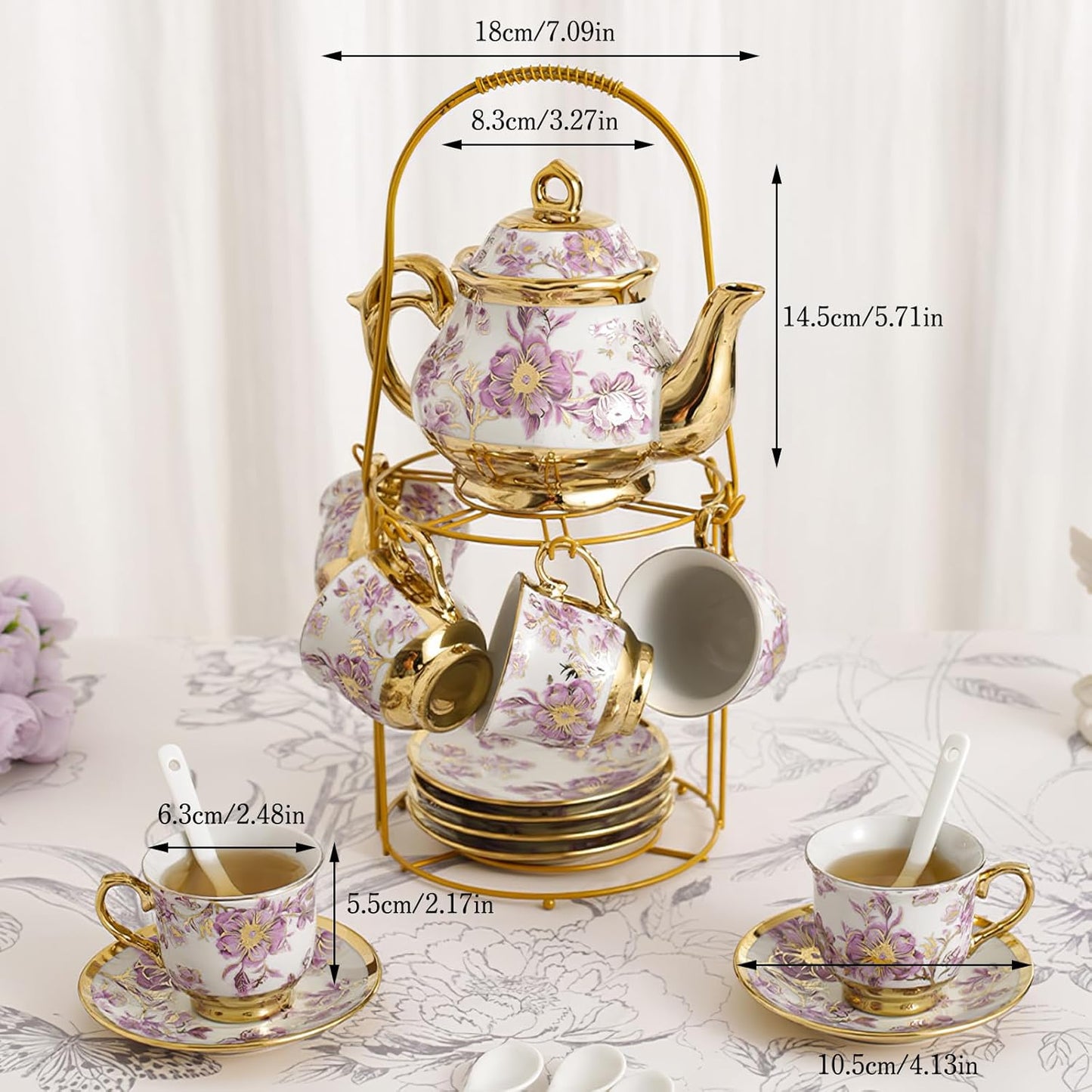 20 Set Sets Set Set Pcs Porcelain Tea with Metal Holder European Flower Tea for Adults, Ceramic Tea Party European