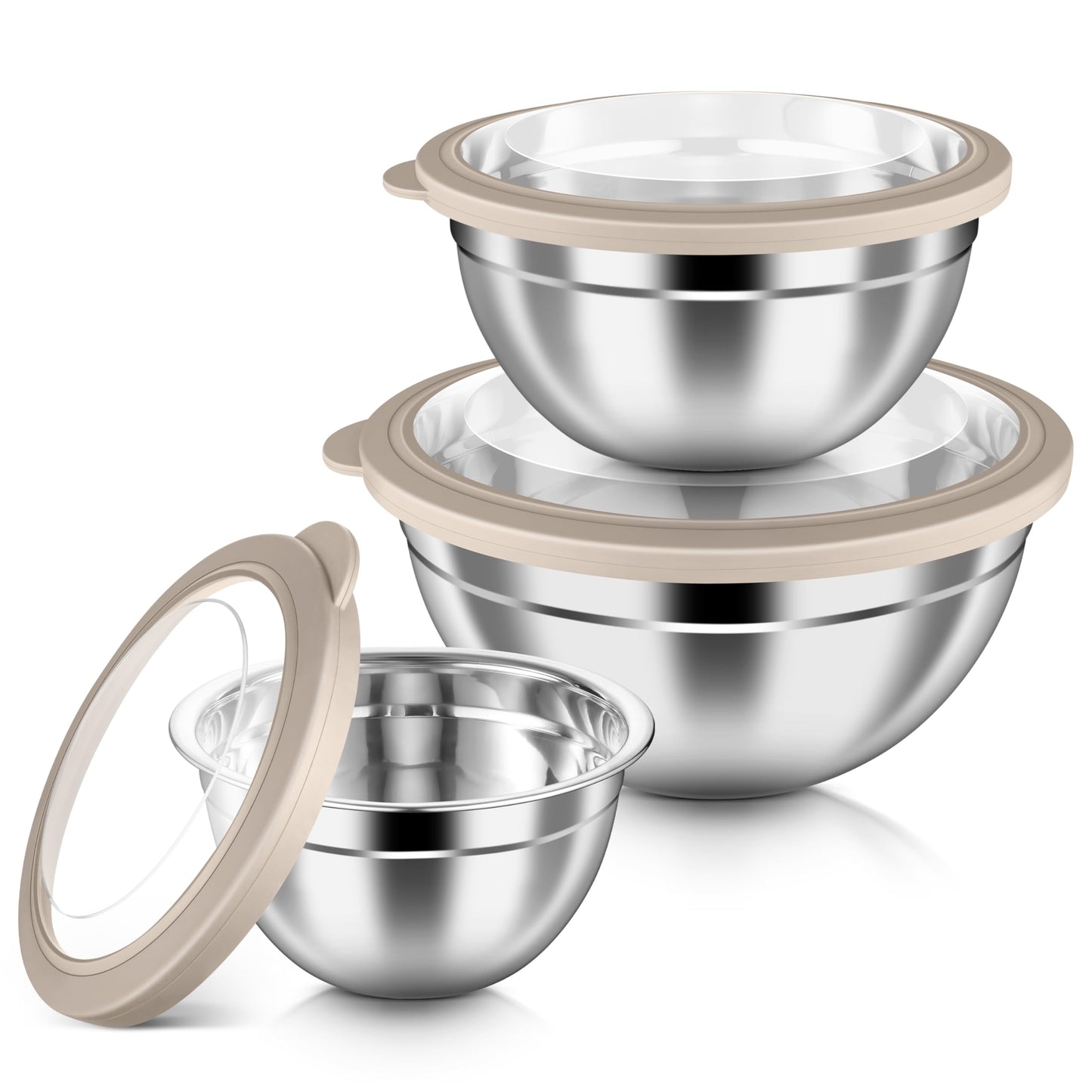 HaWare Mixing Bowls with Airtight Clear Lids, 6-Piece Stainless Steel Strong Nesting Bowls Set, Metal Salad Bowl for Cooking, Prepping, Baking, Serving & Food Storage, Size 4.6, 3, 1.5QT, Khaki