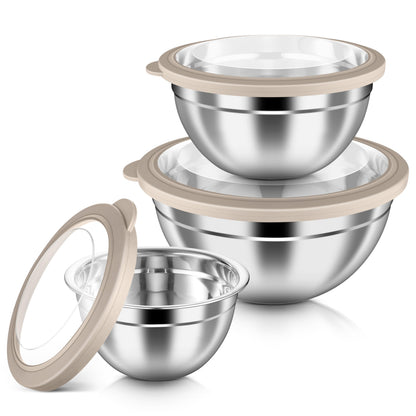 HaWare Mixing Bowls with Airtight Clear Lids, 6-Piece Stainless Steel Strong Nesting Bowls Set, Metal Salad Bowl for Cooking, Prepping, Baking, Serving & Food Storage, Size 4.6, 3, 1.5QT, Khaki