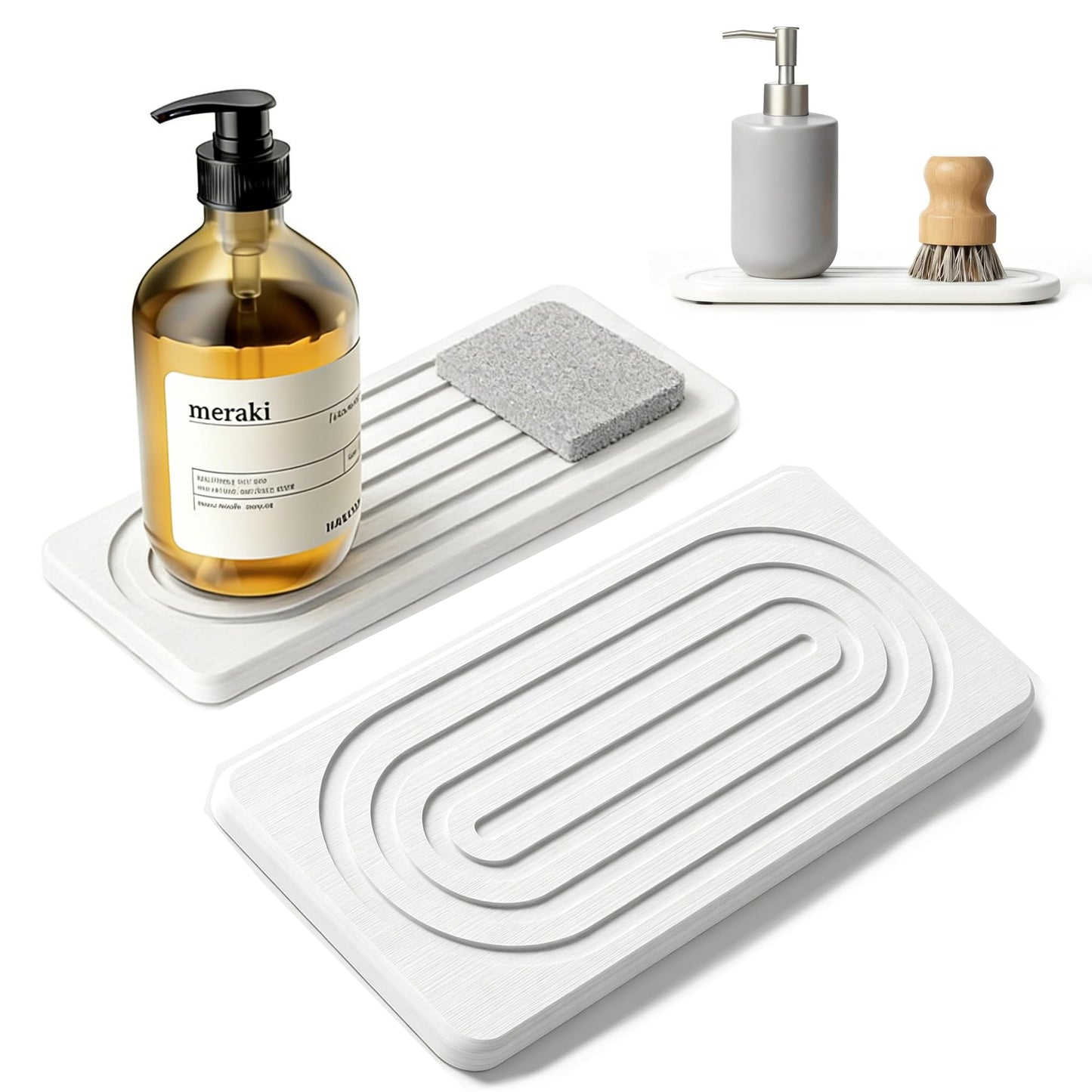 2 PCS Water Absorbing Stone Tray for Sink, Quick Drying Diatomite Bathroom Tray Countertop, Stone Drying Mat for Kitchen Counter Faucet, Soap Dish Dispenser Vanity Organizer, White-A-8.3" x 4"
