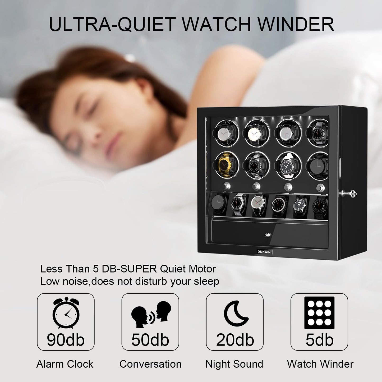 DUKWIN Watch Winder for 8 Automatic Watches,Lockable Watch Winders with Watch Holder and Jewelry Storage, Super Quiet Mabuchi Motor with High-Gloss Piano Lacquer Finish,Built-in Illumination-Black