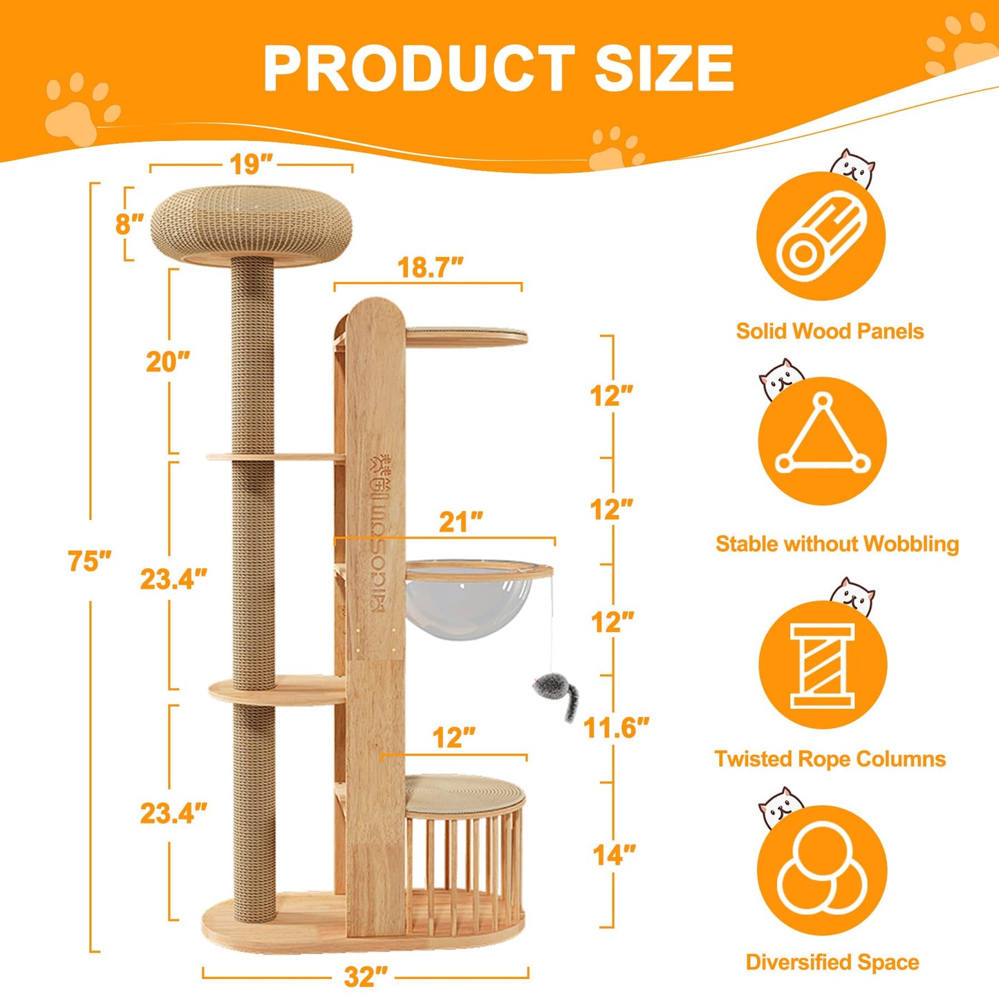 75 inch Cat Tree Tower for Indoor Cats Large Adult, Modern Big Cat Climbing Tower, Tall Cats Post, Corner Wood Cute Cat Condo with Sisal Scratching Posts