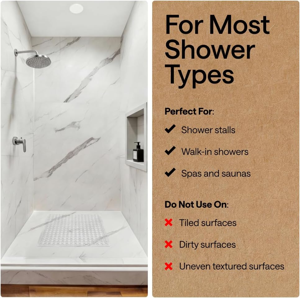21x21 Inch, GORILLA GRIP Patented Square Shower Stall Mat, Small Bathtub Floor Mats for Stand Up Showers with Suction