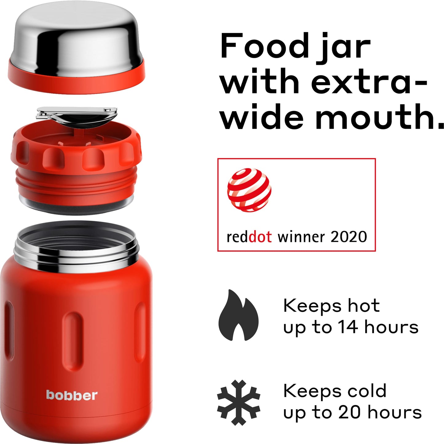 BOBBER 24 oz Insulated Stainless Steel Food Thermo Jar for Hot Food, Extra-Wide Mouth Lunch Container for Adults with Spoon and Bowl, Dishwasher Safe - Keeps Meals Hot for 14 Hours (Red)