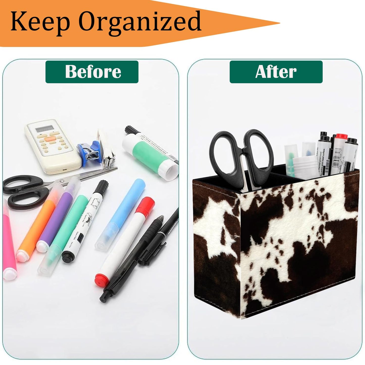 VSHSEEOM Cow Hide Print Pencil Holder for Desk, PU Leather Multifunctional Mobile Pen Holder Desktop Organizer Makeup Brush Holder for Classroom, Office and Home