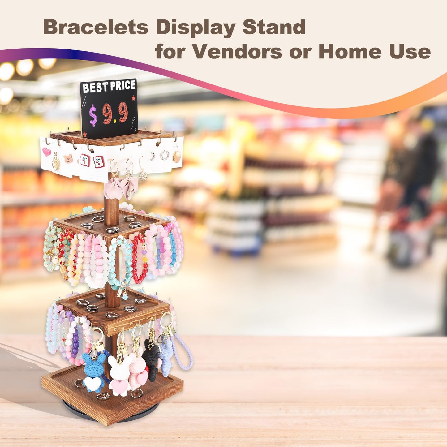 BDBDYEAY Bracelet Holder, 360° Rotating Jewelry Holder Organzier with Tray, Wooden Jewelry Tower with 48 Hooks, 4-Tier Large Capacity Jewelry Display Stand for Vendors Sell Bracelet Keychain Earring