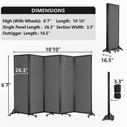 Strongbird Room Partition,Folding Privacy Divider,Office Partition Dividers,Office Dividers Wall, 10'6"W x 6'7"H,Grey