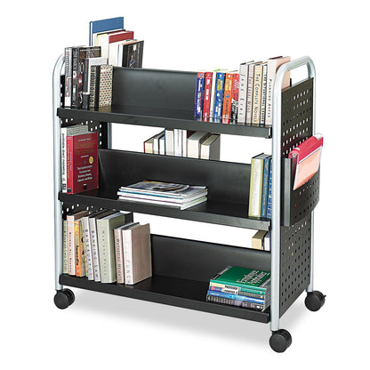 Scranton & Co Double-Sided Steel Book Cart, Black Powder Coat Finish, 41 1/4”W x 17 3/4”D x 41 1/4”H, 6 Slanted Shelves, 400 lbs Capacity, Adjustable File Pocket, Oversized Casters for Books and